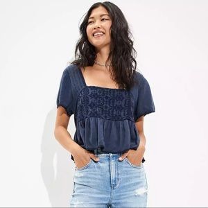 AE Cropped Embroidered Babydoll Top